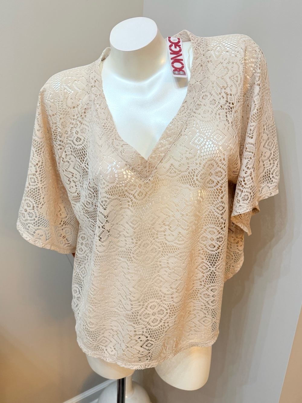 NWT 80s Style Bongo Ivory Crochet Look Poncho Sleeve Rockabilly Boho Top Sz XL